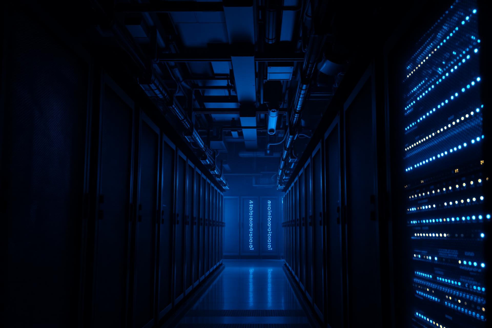 Bitcoin mining facility with glowing server racks